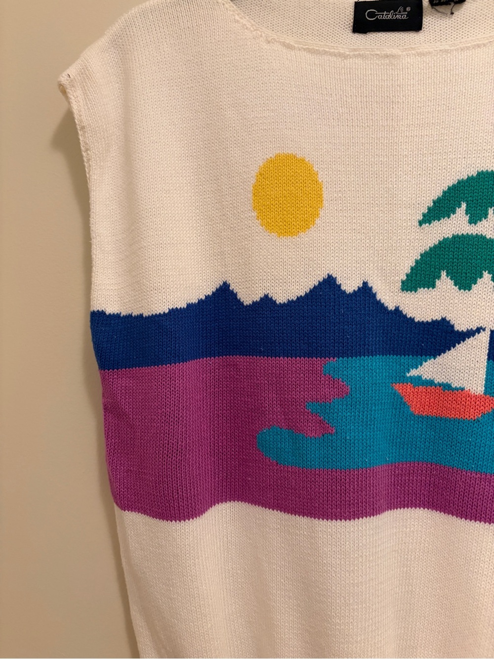Vintage Catalina Coastal Scene Knit Top with Palm Tree and Sailboat - Picture 3 of 6
